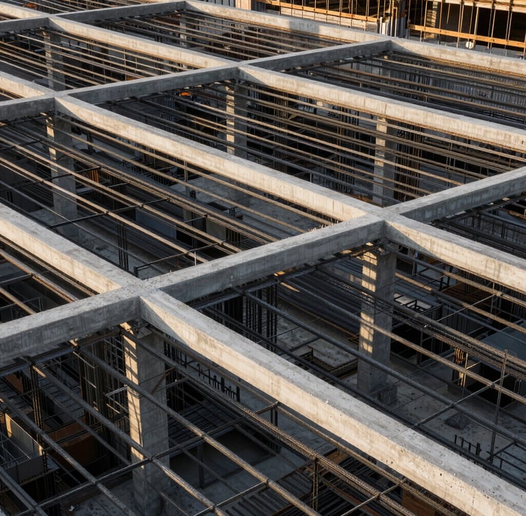 Architectural close-up of structural steel reinforcement grids and concrete pouring on a modern construction site, dramatic industrial lighting, high contrast.