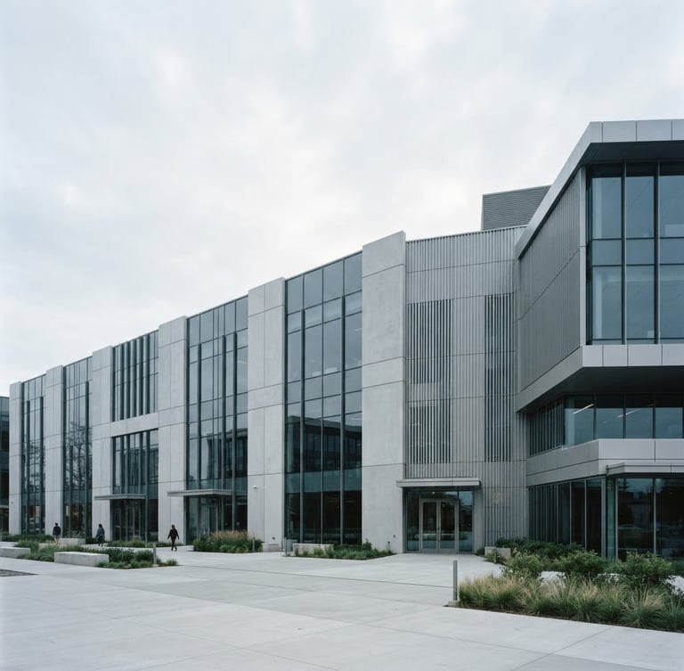 Wide shot of a modern, clean commercial building facade, geometric lines, soft natural overcast daylight, desaturated cool tones, sharp focus, 35mm lens.