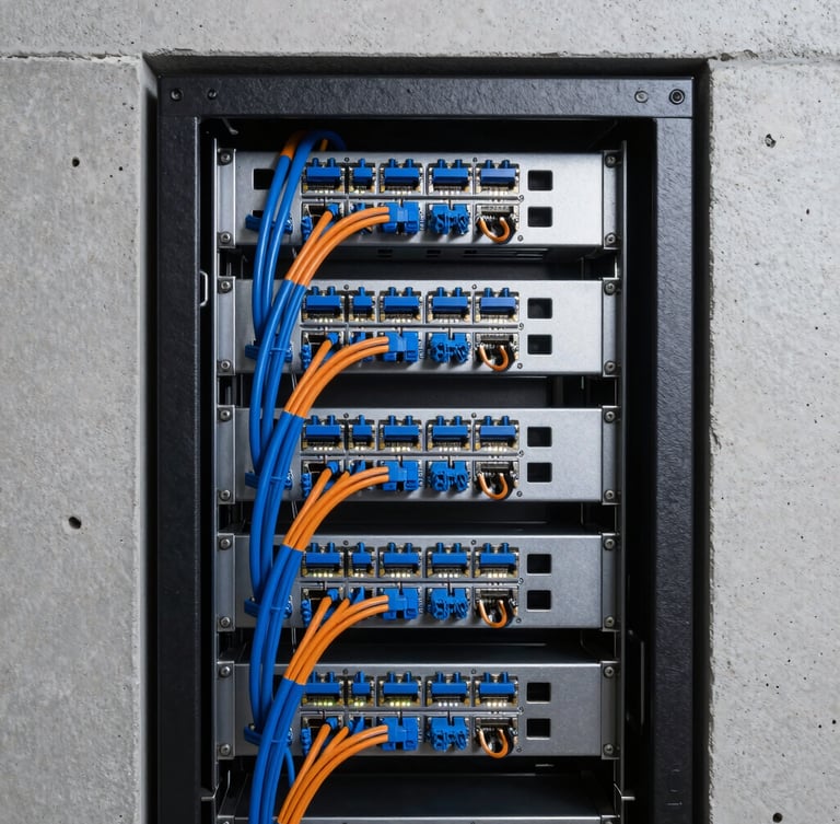 Crisp architectural photography, cool clean lighting, slate and metallic tones, sharp focus, 35mm lens, high-end technical detail. A perfectly organized server rack with immaculate blue and orange ethernet cabling, glowing status LEDs, mounted in a concrete wall recess.