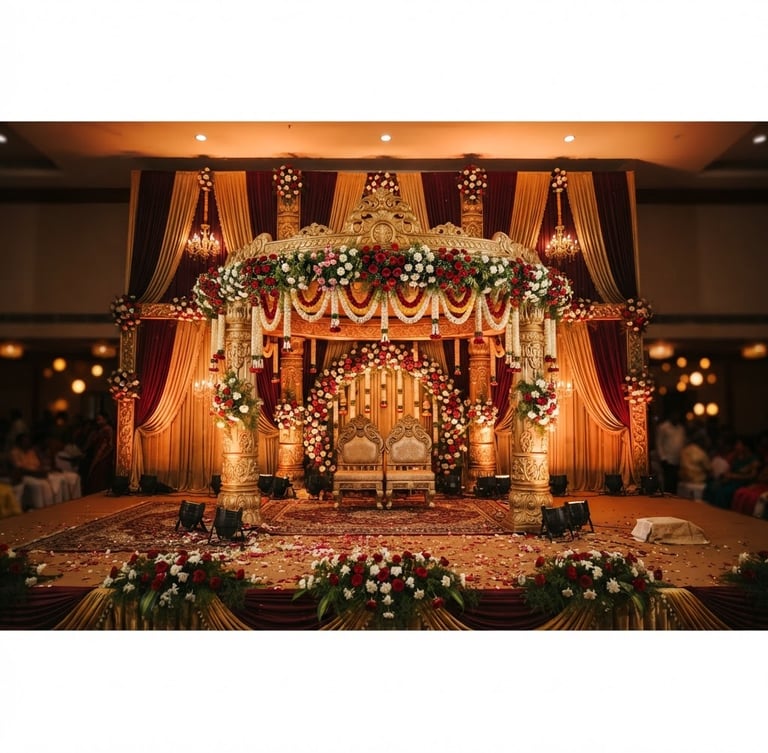 Dramatic wide-angle shot of an empty grand wedding stage in Tamil Nadu, warm festive lighting, deep maroon and gold fabric draping, fresh roses and jasmine arrangements, 35mm editorial photography.