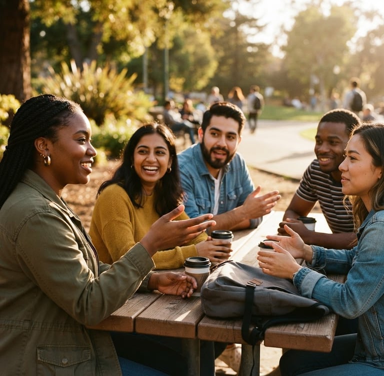 Warm editorial photography, natural golden-hour daylight, rich earthy tones, candid human interaction, shallow depth of field, 35mm film style. Diverse group of young adults engaged in active listening and conversation in a vibrant Oakland community park, hands gesturing naturally, subject on the left bleeding to the edge.