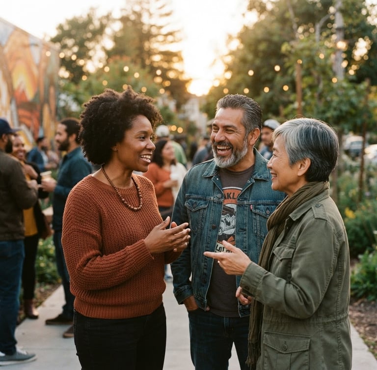 Warm portrait of diverse Oakland community members in active, candid conversation, natural golden-hour daylight, rich earthy tones, shallow depth of field, 35mm film style.