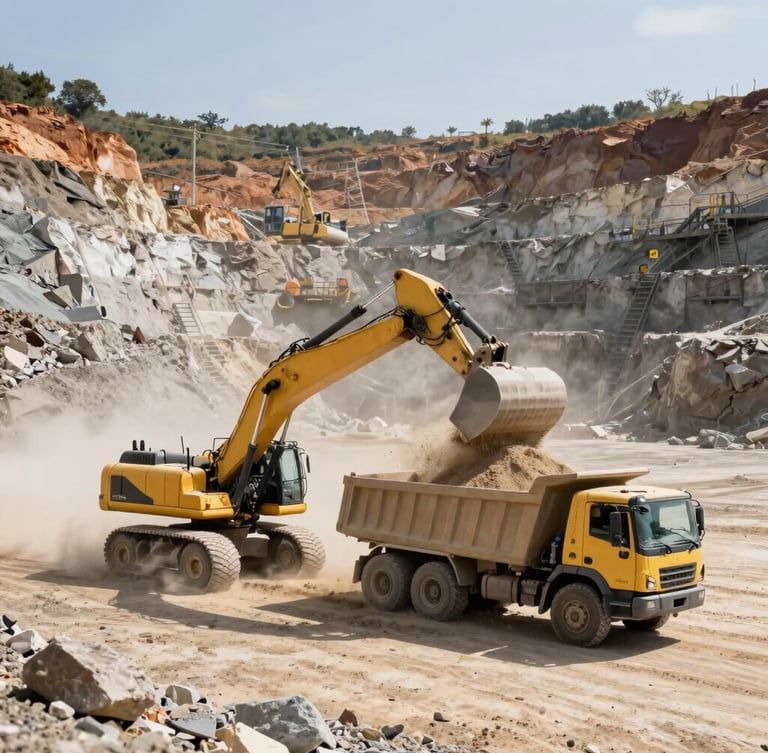 Extreme wide-angle shot of an active Galian C quarry site under harsh natural daylight, heavy yellow excavators loading coarse sand onto a dump truck, dust particles visible in the air, industrial scale.