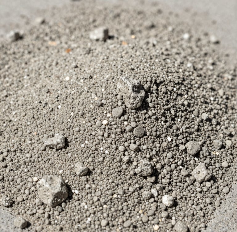 Macro close-up of coarse concrete sand texture, sharp silica grains, high-contrast natural daylight with hard shadows, industrial raw material.