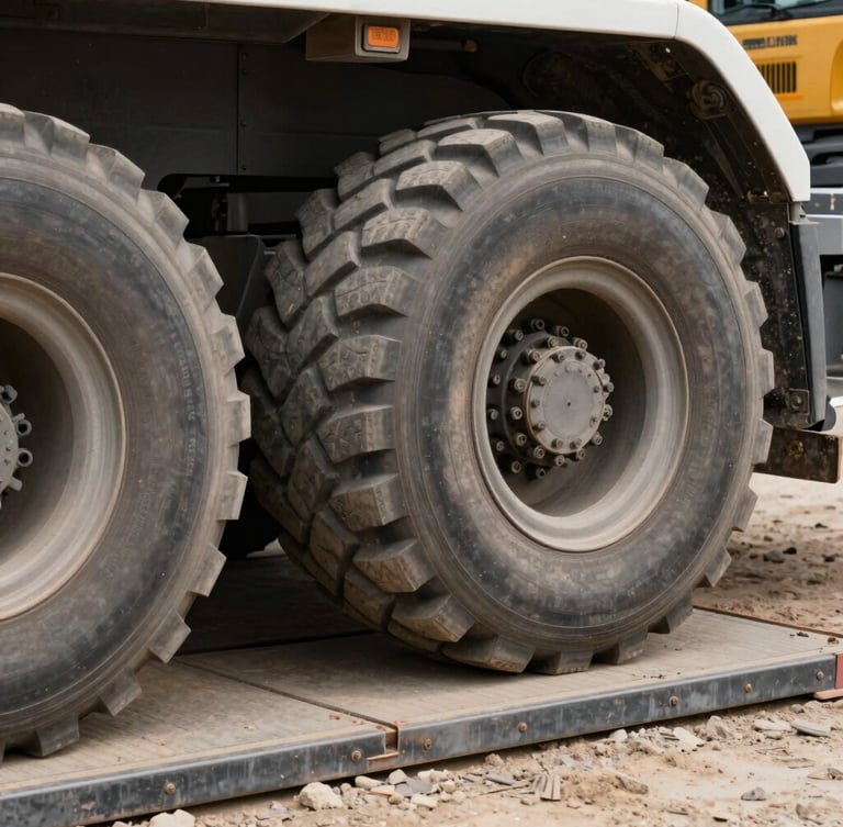 Extreme close-up of heavy truck tires on a steel digital weighbridge platform at a dusty quarry site, high contrast daylight, hard shadows