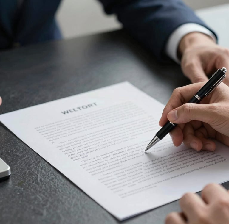 A close-up macro shot of hands reviewing structured legal agreements on a dark slate desk, cool natural daylight casting soft shadows, focus on document texture and elegant pen, editorial corporate photography.