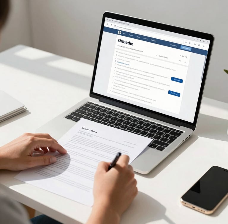 Modern home office desk with a laptop displaying a digital onboarding form, a person's hands signing a digital document, natural daylight, soft shadows, clean organized workspace, professional, 35mm