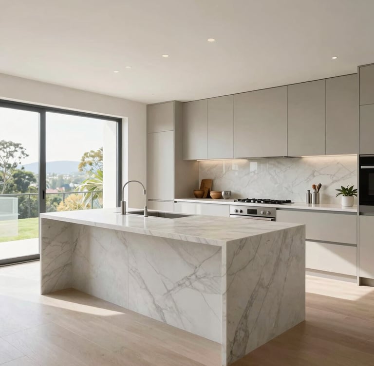 Crisp architectural photography of a modern open-plan residential kitchen with a large marble island, bright natural daylight, clean neutral tones, wide-angle lens.
