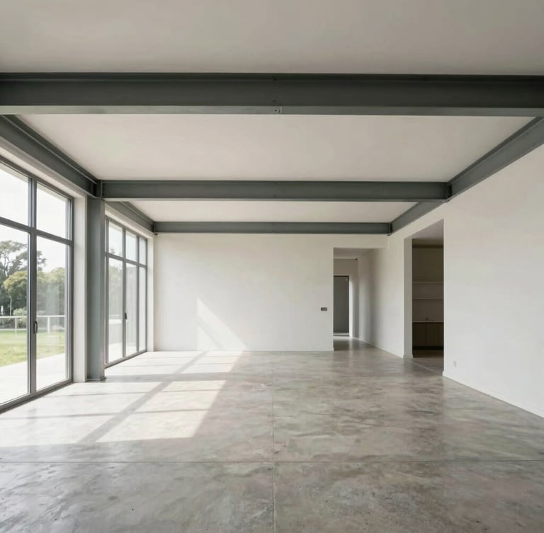 Straight-on wide-angle architectural elevation of a modern open-plan residential interior with exposed steel beams and clean concrete floors, bright natural daylight.