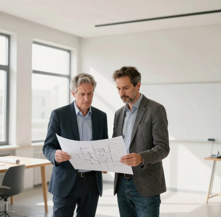 A professional, styled portrait of a principal architect and structural engineer reviewing plans in a bright, modern, minimalist studio, clean neutral tones, soft natural side lighting.