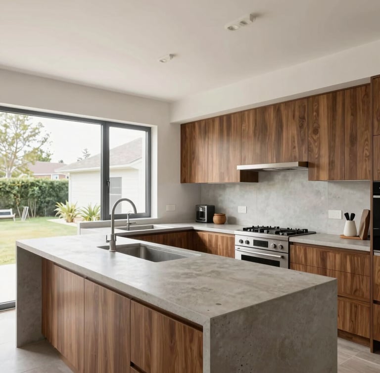 Bright architectural interior shot of a finished open-plan residential kitchen, custom walnut cabinetry, concrete countertops, natural window light, professional styling