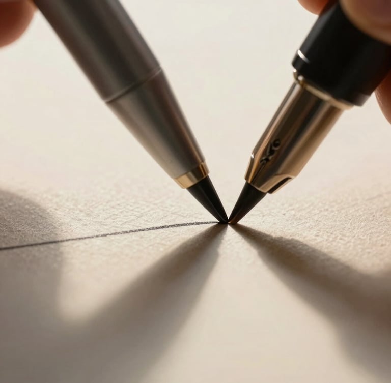 Extreme macro close-up of a sleek dark pen tip drawing a precise line on textured cream paper, soft warm morning light casting long shadows across the grain.