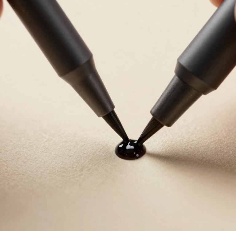 Extreme macro close-up of a matte charcoal pen tip touching textured cream paper, a single drop of ink drying under warm desk lamp light, casting a soft shadow.
