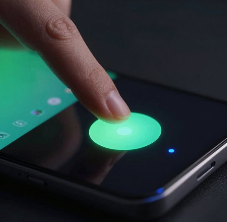 Extreme close-up of a thumb interacting with a highly fluid, responsive touch target on a premium Android device, moody low-key lighting, soft green and blue ambient glows.