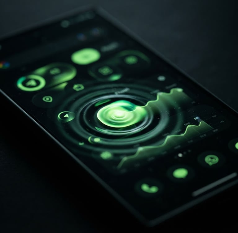 Macro shot of a high-end Android flagship screen displaying fluid, dark-mode user interface elements with vibrant green Material You accent glows, low-key studio lighting, shallow depth of field.