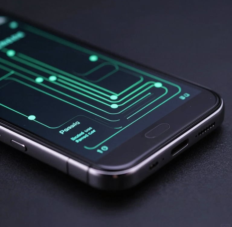 Macro studio shot of a high-end Android device displaying a technical layout wireframe, glowing green lines reflecting off the curved glass edges, low-key lighting, dark charcoal background