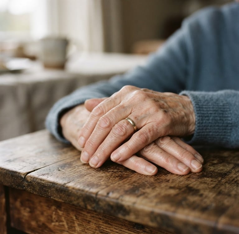 Close-up details of weathered hands resting gently on a wooden table, soft diffused daylight, shallow depth of field, 35mm