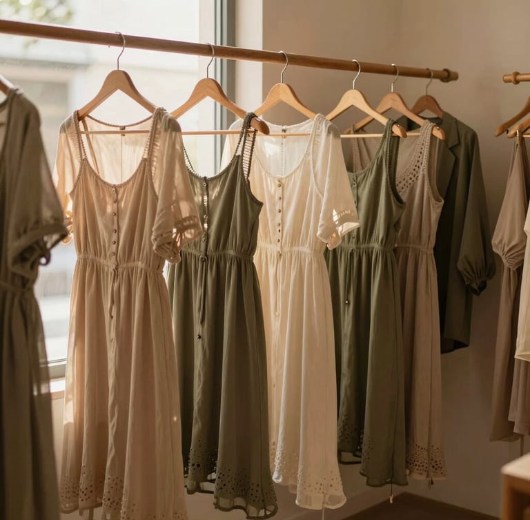 Medium-long shot of flowing boho dresses on a wooden rack in a warm showroom corner, soft golden-hour window light, beige and olive tones
