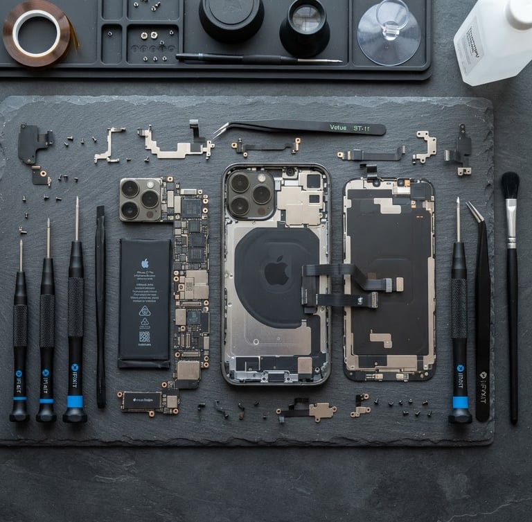 Overhead flat-lay of professional hand tools and a disassembled mobile phone chassis on a clean slate work surface, bright neutral daylight, macro lens.