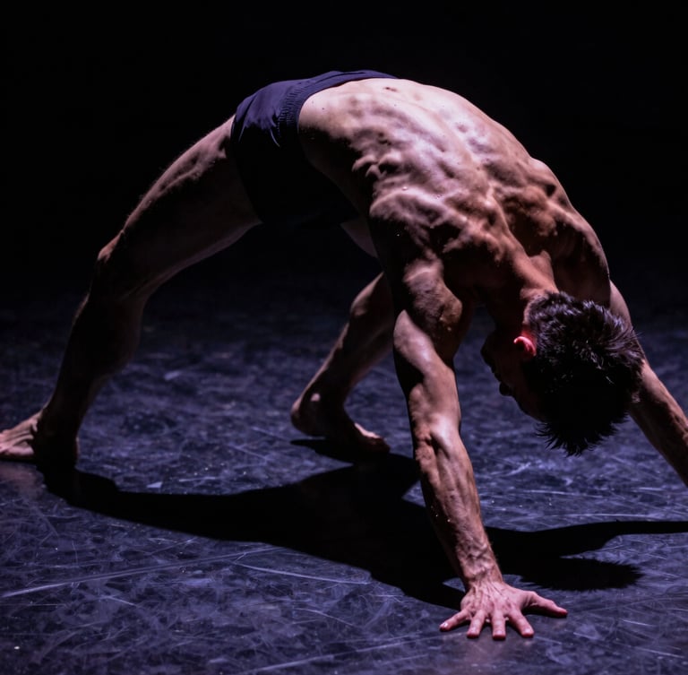 Cinematic editorial photography, dramatic chiaroscuro lighting, high-contrast shadow of a dancer's back in extreme muscular tension, deep charcoal tones, 35mm anamorphic lens