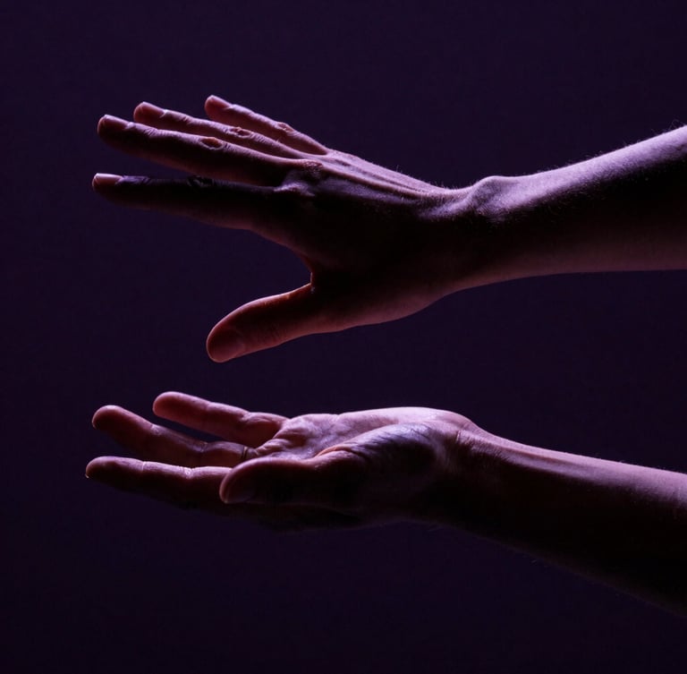 Cinematic editorial photography, dramatic chiaroscuro lighting. An extreme close-up of two dancers' hands in sharp physical tension, fingers sculpted against deep shadows, subtle plum backlighting, 35mm anamorphic lens.