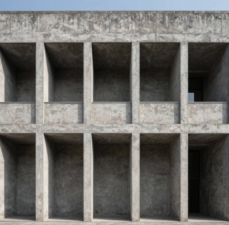 Straight-on elevation shot of a minimalist concrete building facade, sharp architectural shadows, cool daylight, emphasizing structural lines.