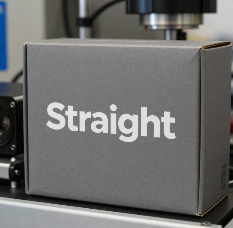 Straight-on elevation shot of a packaging system for a technical instrument, matte gray box, crisp white typography.