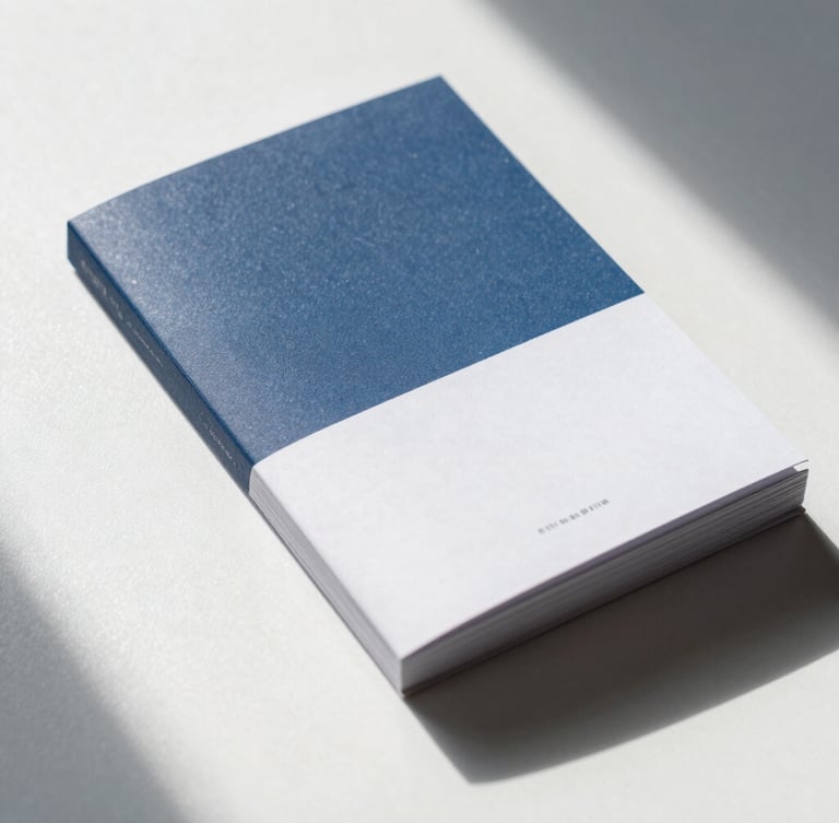 Straight-on elevation shot of a printed brand manual on heavy cardstock, casting a sharp, cool-toned shadow on a crisp white surface.