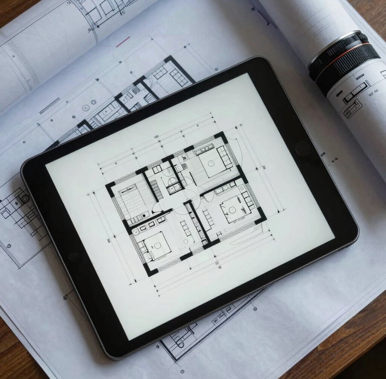 Top-down flat-lay of architectural blueprints paired with a tablet displaying a structural layout, cool daylight.