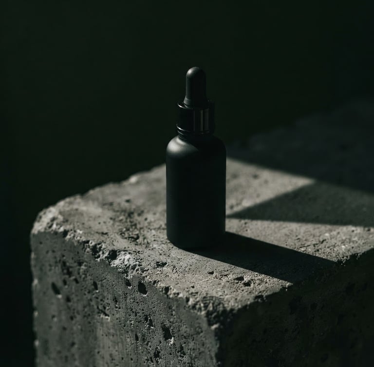 Matte black serum bottle resting on a raw concrete block, dramatic low-key side-lighting casting a sharp geometric shadow, extreme close-up, wide aspect.
