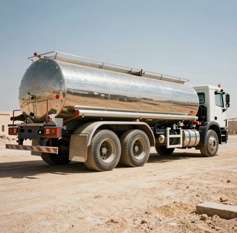 Low-angle heroic shot of a heavy-duty chrome and steel fuel tanker parked on a dusty construction site in Abu Dhabi, harsh high-contrast desert sunlight casting long shadows, 35mm.