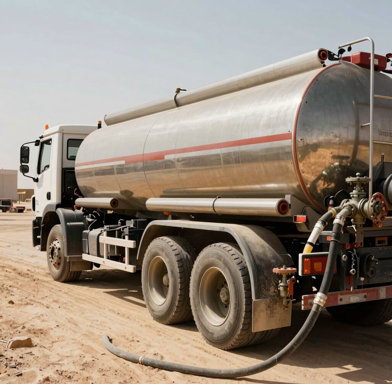 Low-angle heroic shot of a heavy-duty fuel tanker truck parked at an active construction site in Abu Dhabi, steel valves and fueling hoses connected to a large industrial generator, harsh high-contrast desert sunlight, metallic steel and amber tones, gritty industrial photography, 35mm