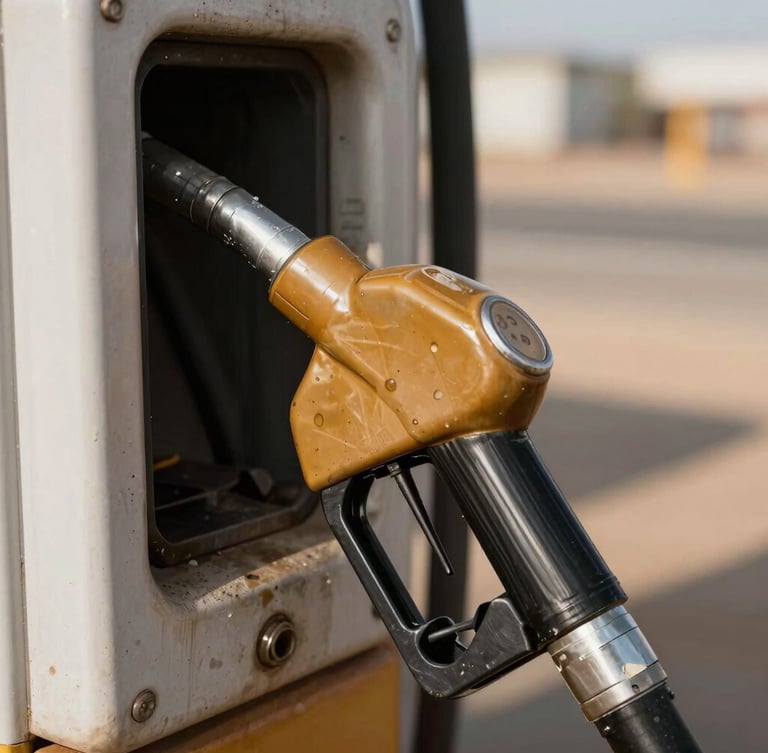 Close-up macro shot of a heavy steel fueling nozzle dispensing diesel, metallic steel and amber tones, sharp focus, 35mm