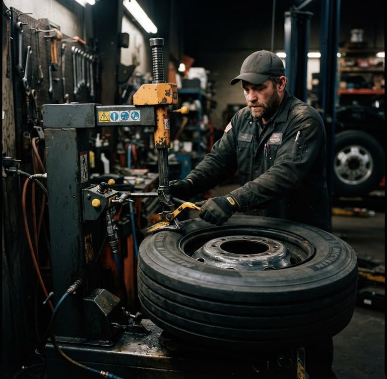 Close-up of a mechanic operating a heavy-duty tire fitting machine, deep charcoal tones and sharp safety yellow highlights, 35mm lens