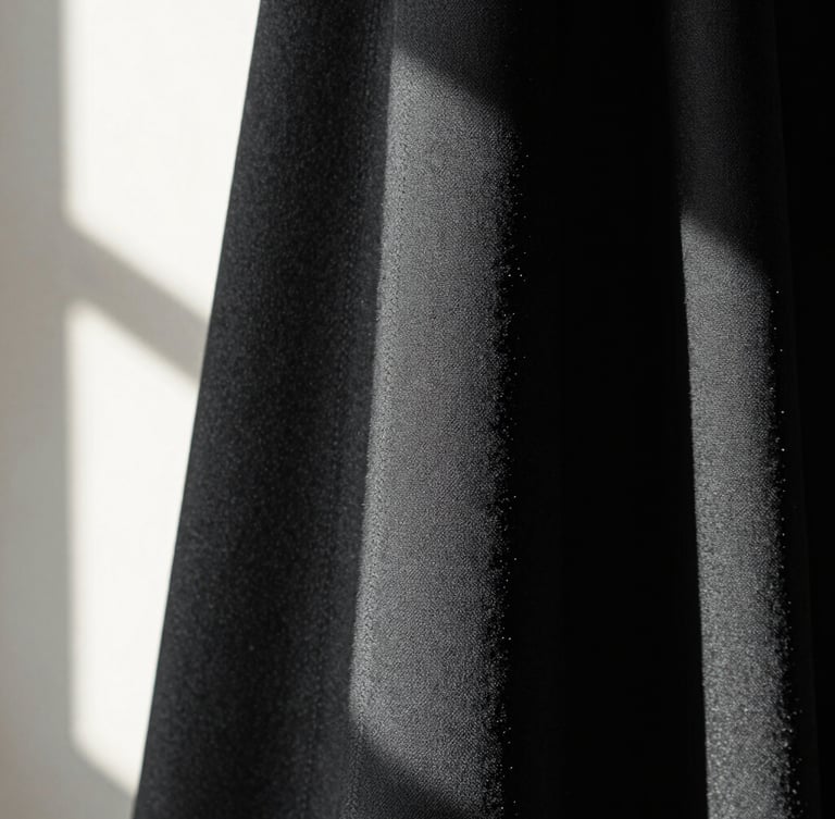 Extreme close-up of a high-fashion charcoal fabric drape under dramatic directional window light, showing millimeter precision stitching, minimalist composition, 35mm lens.