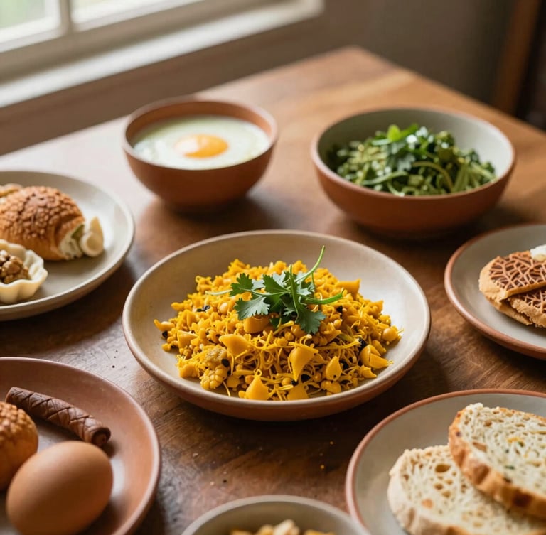 Overhead flat-lay of traditional Indian breakfast plates on textured earthy ceramic tableware, warm morning window light, shallow depth of field, 35mm