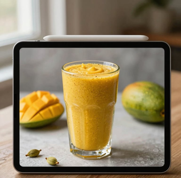 A vertical portrait of a modern digital cookbook on a tablet screen, displaying a vibrant cardamom-infused mango smoothie in a textured ceramic glass, soft directional morning light, 35mm