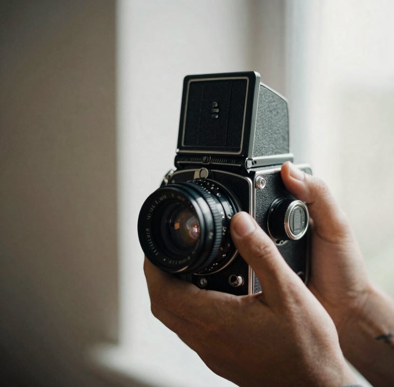Close-up of photographer's hands holding a vintage medium-format camera, soft window light, high contrast, muted earth tones, 35mm grain