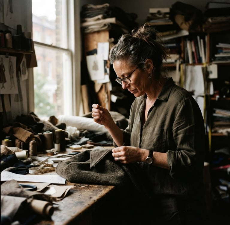High-contrast environmental portrait of a designer in their studio, tight off-center crop, dramatic directional light from a north-facing window, muted earth tones, 35mm film grain.