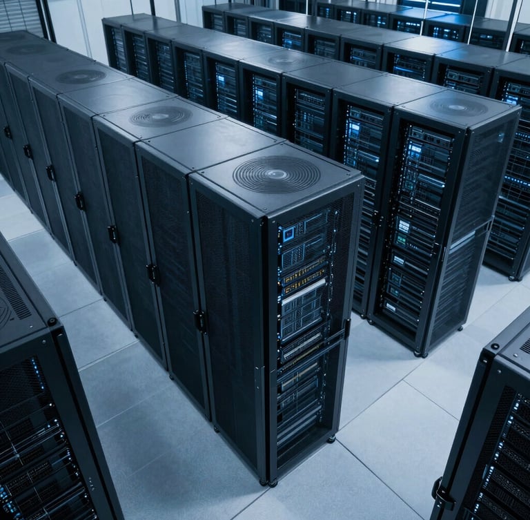 High-angle shot of massive server racks in a tier-4 data center, cool blue and slate tones, sharp architectural lighting, dramatic shadows