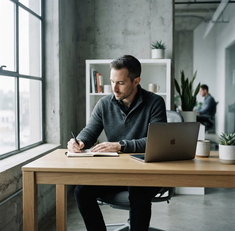 Candid environmental portrait of a man in a minimalist office, diffused natural daylight, desaturated cool tones, 35mm lens, high contrast.