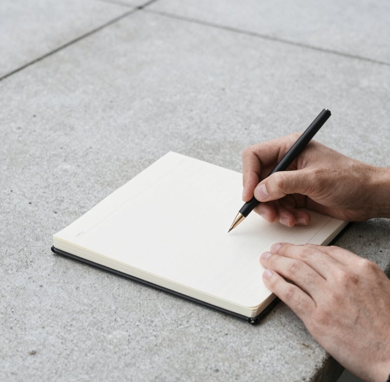 Tight crop on hands reviewing a notebook on a concrete desk, abstract architectural details, desaturated cool tones, crisp environmental photography, high contrast.