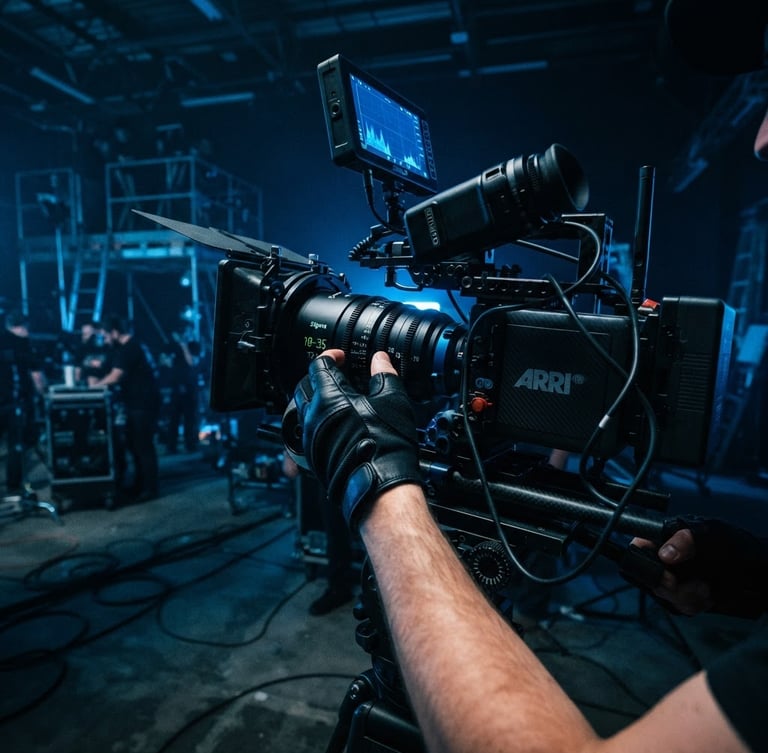 Low-angle cinematic close-up of hands adjusting a high-end cinema camera rig, vibrant electric blue gel lighting, dark industrial studio background.