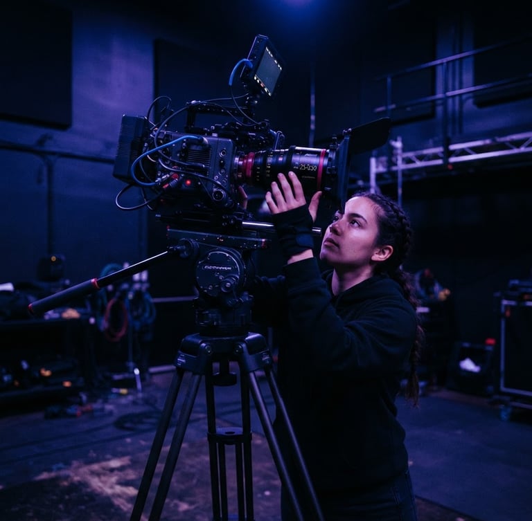 Low-angle shot of a young filmmaker adjusting a high-end cinema camera under dramatic blue and purple gel lighting in a dark modern studio