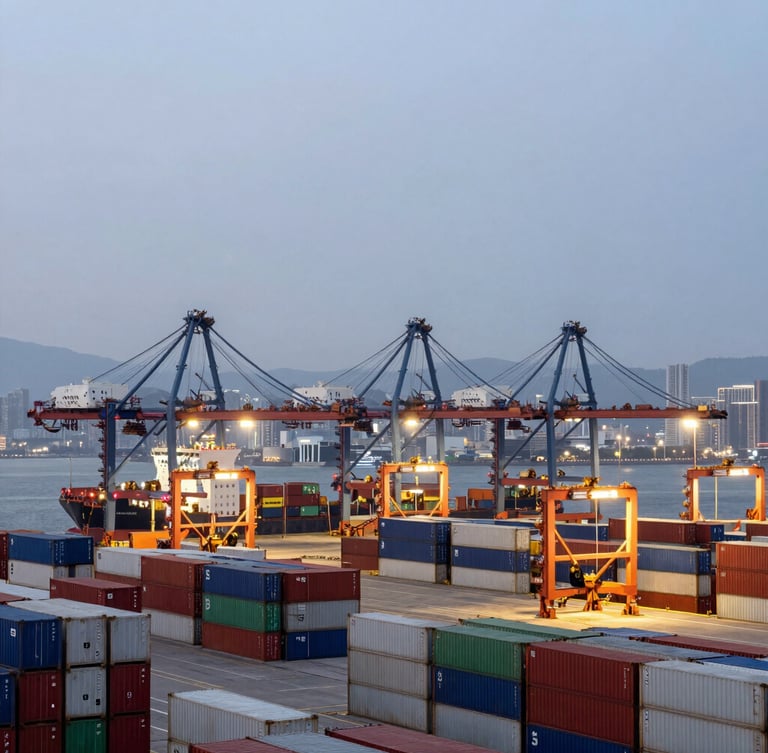 Wide-angle architectural view of the modern Hong Kong shipping port at dusk, clean industrial lighting, organized container stacks.