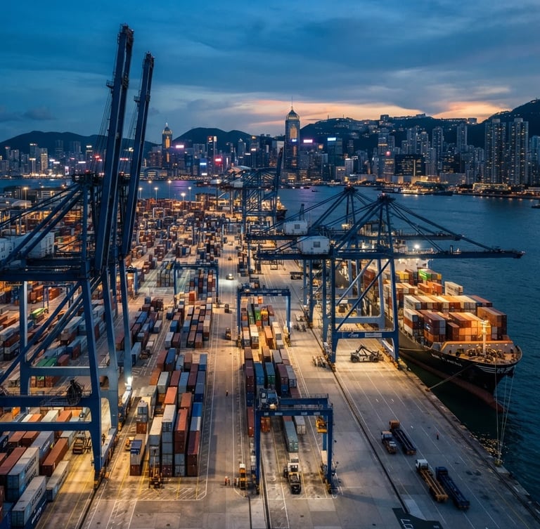 Crisp commercial photography of Hong Kong modern container terminal at dusk, sharp details, high-contrast modern editorial style, 50mm