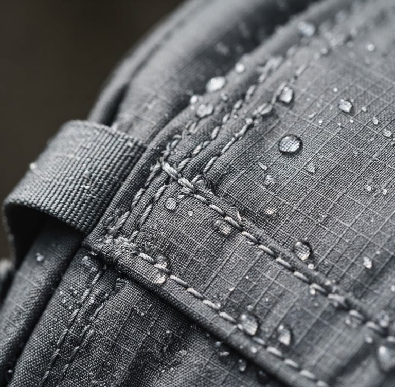 Macro close-up of heavy-duty technical backpack stitching, water droplets on textured ripstop nylon, bright crisp daylight, sharp detail, 50mm