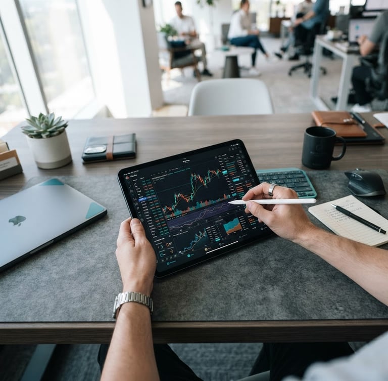 Overhead desk setup, hands analyzing financial charts on a tablet, bright natural office daylight, cool corporate tones with teal accents, modern editorial photography