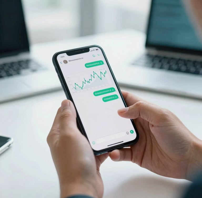Close-up of hands holding a smartphone, WhatsApp chat interface visible with financial charts, modern corporate desk background, subtle digital teal glow, bright natural light, cool corporate tones with teal accents, crisp focus.