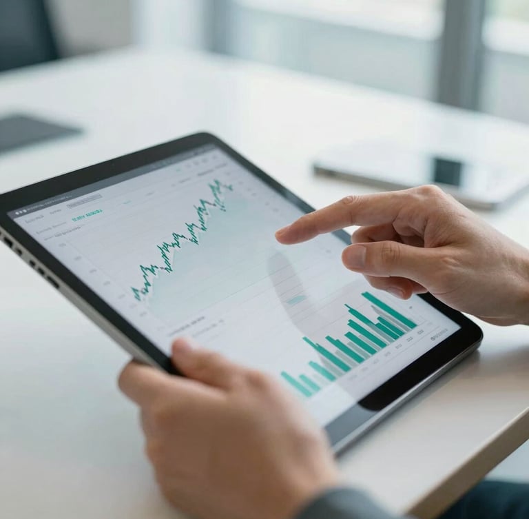 Close-up of hands analyzing financial charts on a tablet, bright natural office daylight, cool corporate tones with teal accents, modern editorial photography